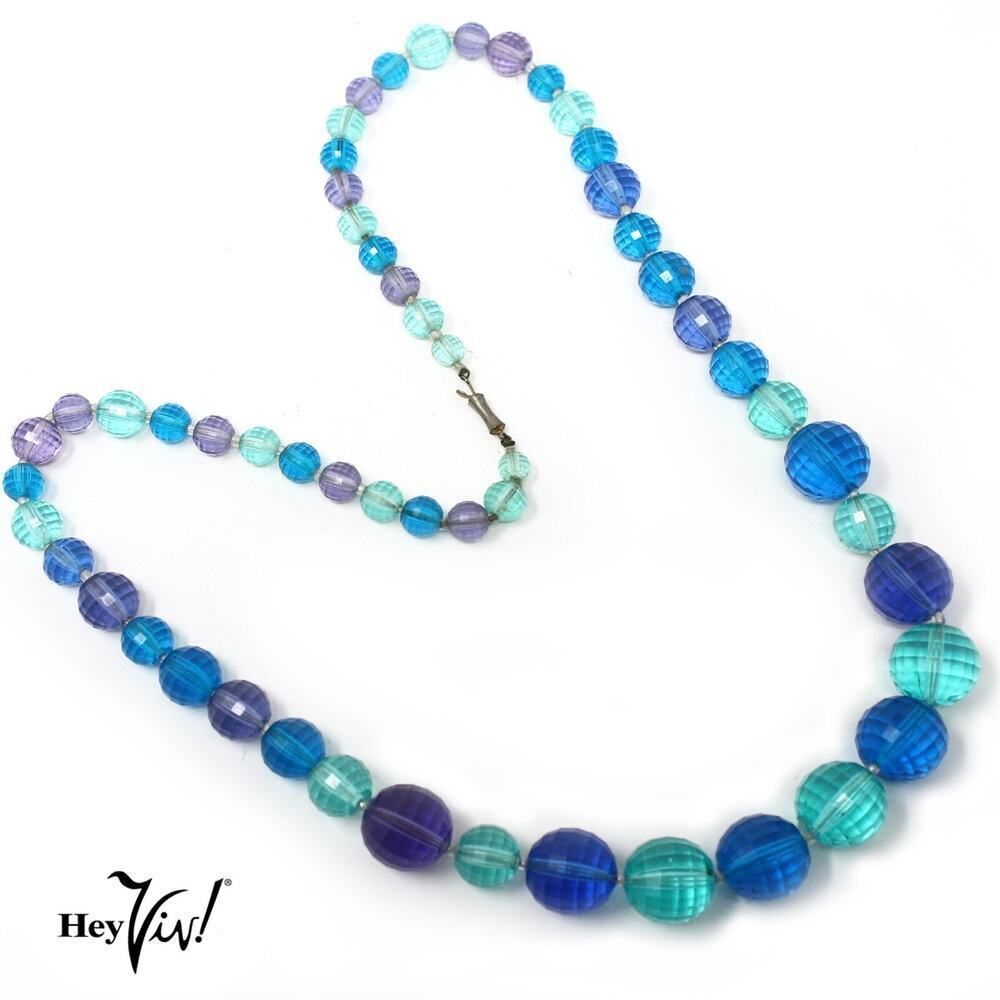 Vintage Blue Aqua Purple Faceted Bead Necklace Graduated Style 28" Long- Hey Viv